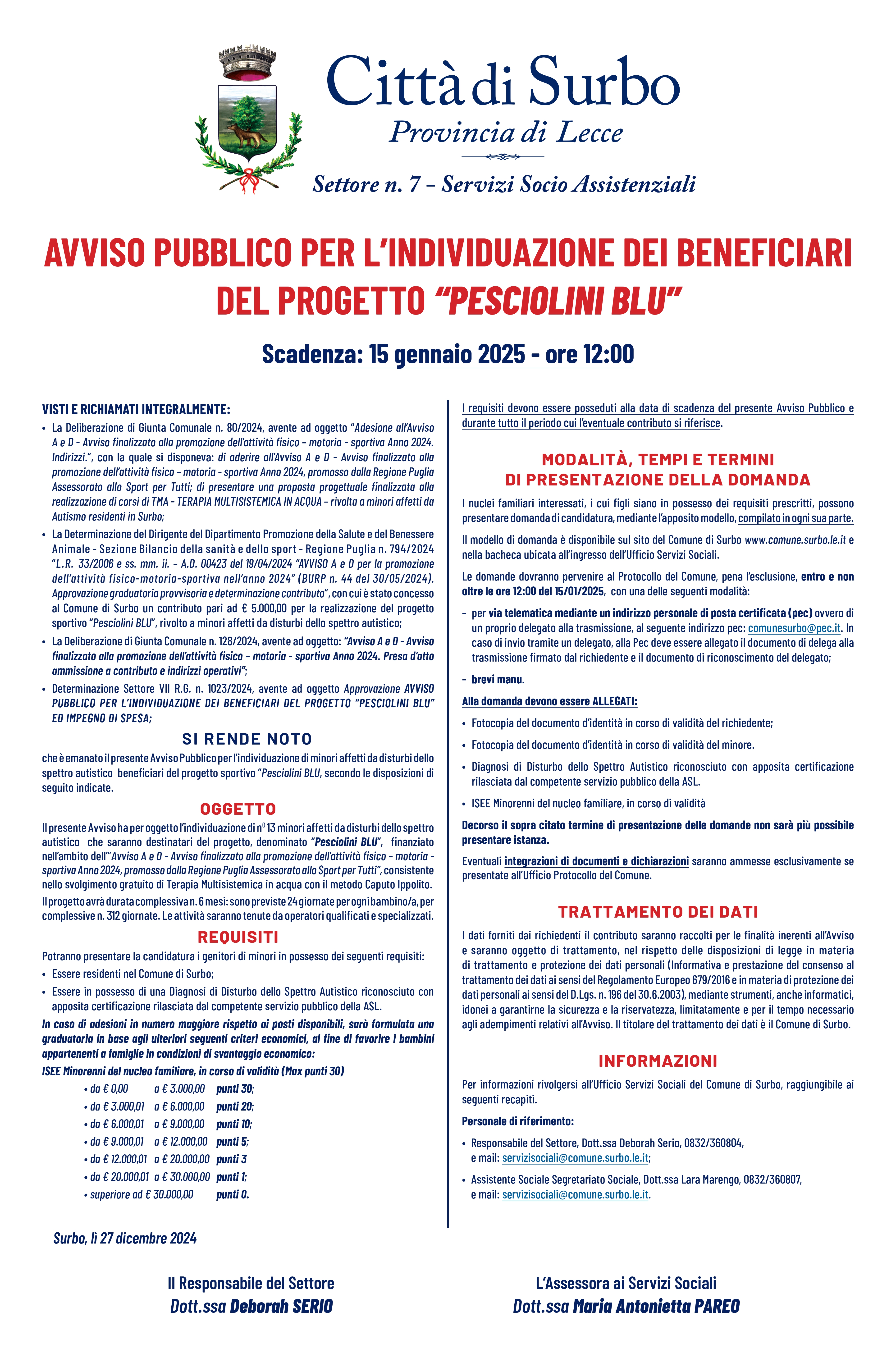 AVVISO PUBBLICO PER L’INDIVIDUAZIONE DEI BENEFICIARI DEL PROGETTO “PESCIOLINI BLU”